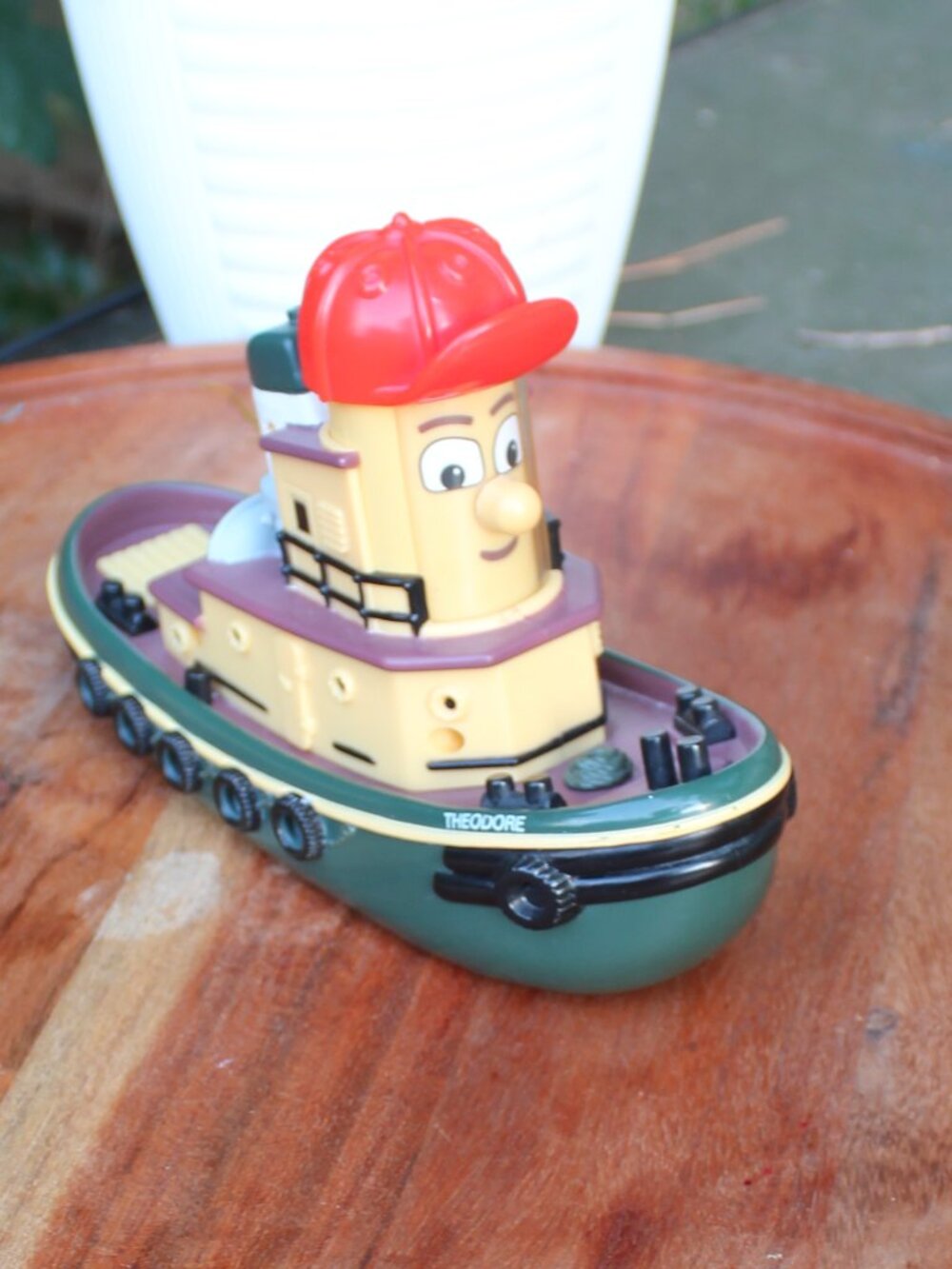 Vintage Ertl Theodore Tugboat Toy – Classic Green & Yellow Boat with Red Cap